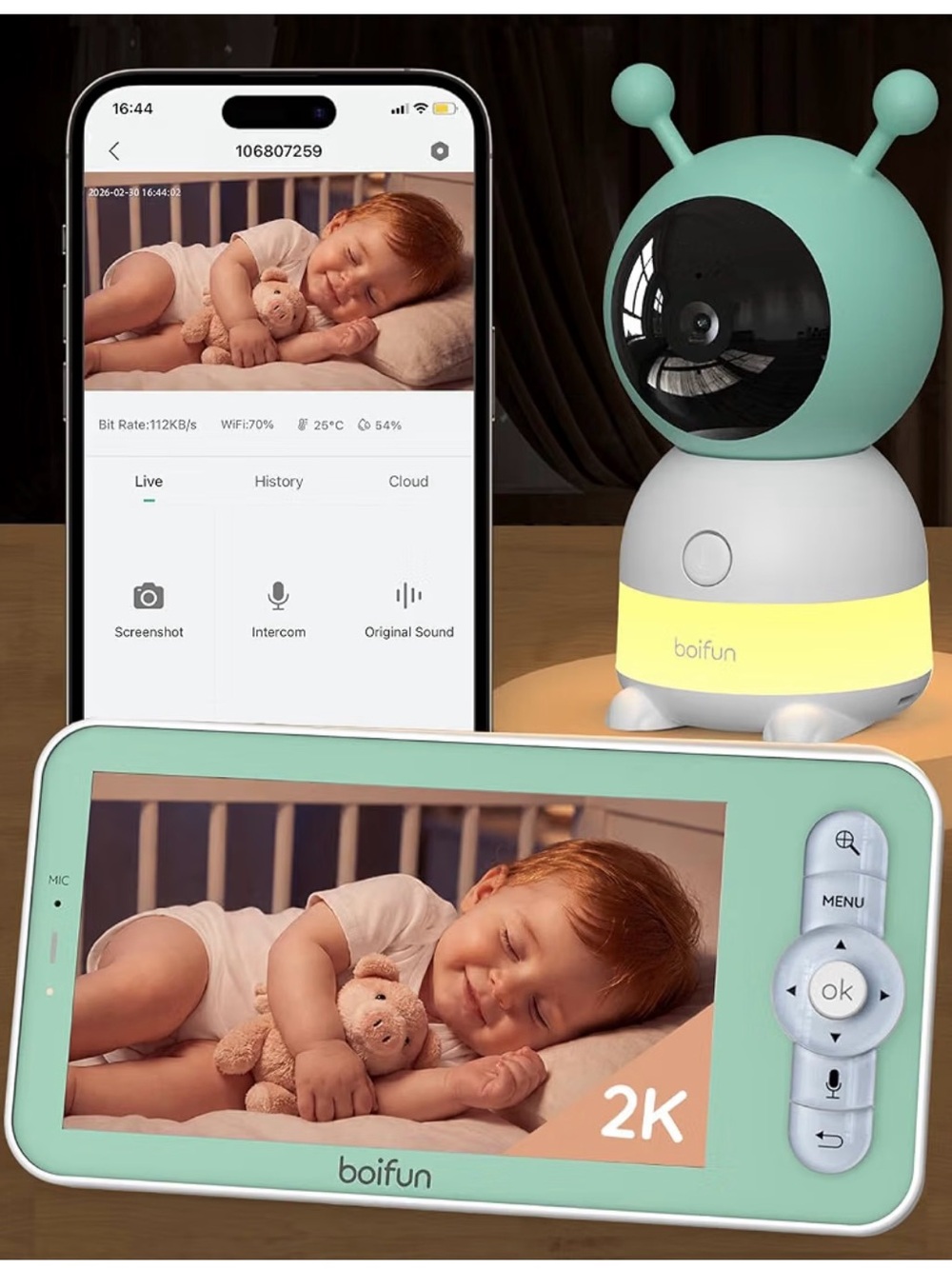 Boifun 2K Baby Monitor Camera and Portable Parent Display - Mint Green